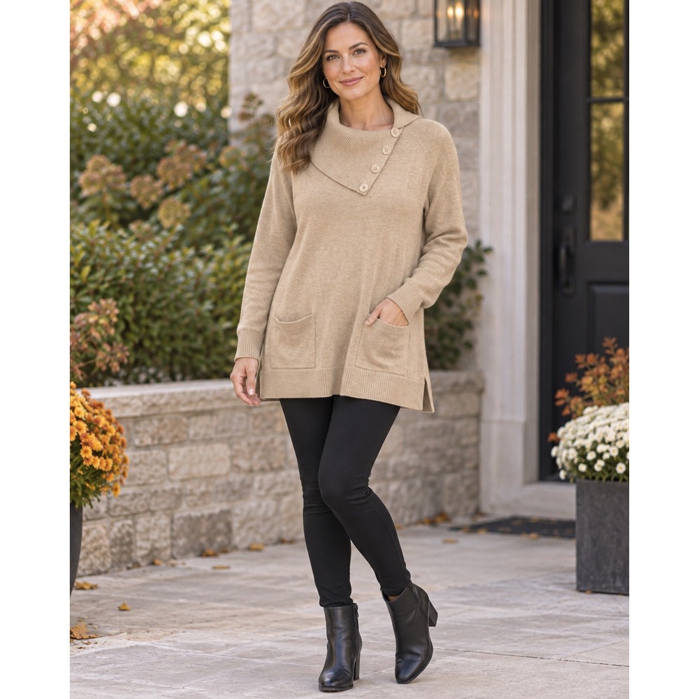 Jeanne Pierre Women's XL Oatmeal Tunic Sweater Button Cowl Neck Pockets
